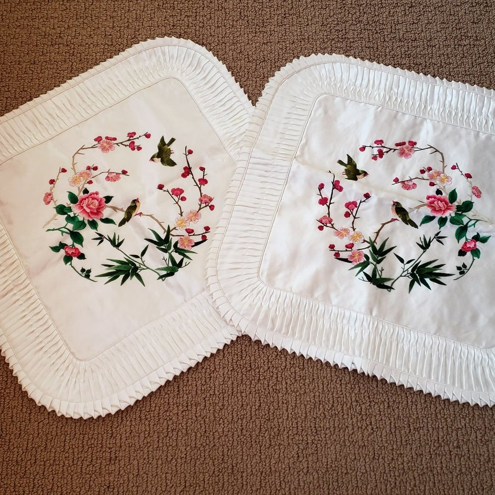 White Colored Chinese Hand Embroidered Flower & Bird Scene Pillow Case Cover.